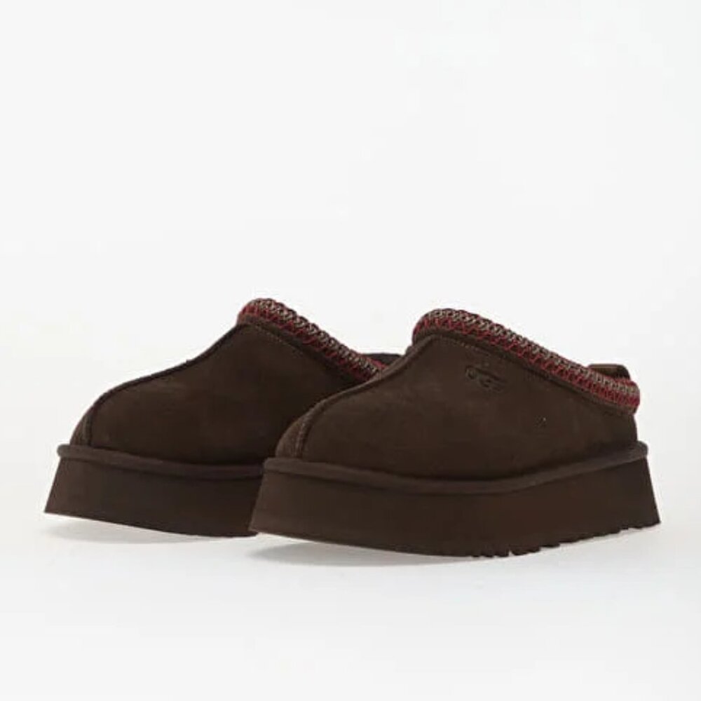 UGG Brown Suede Platform Clog Slippers with Red Trim